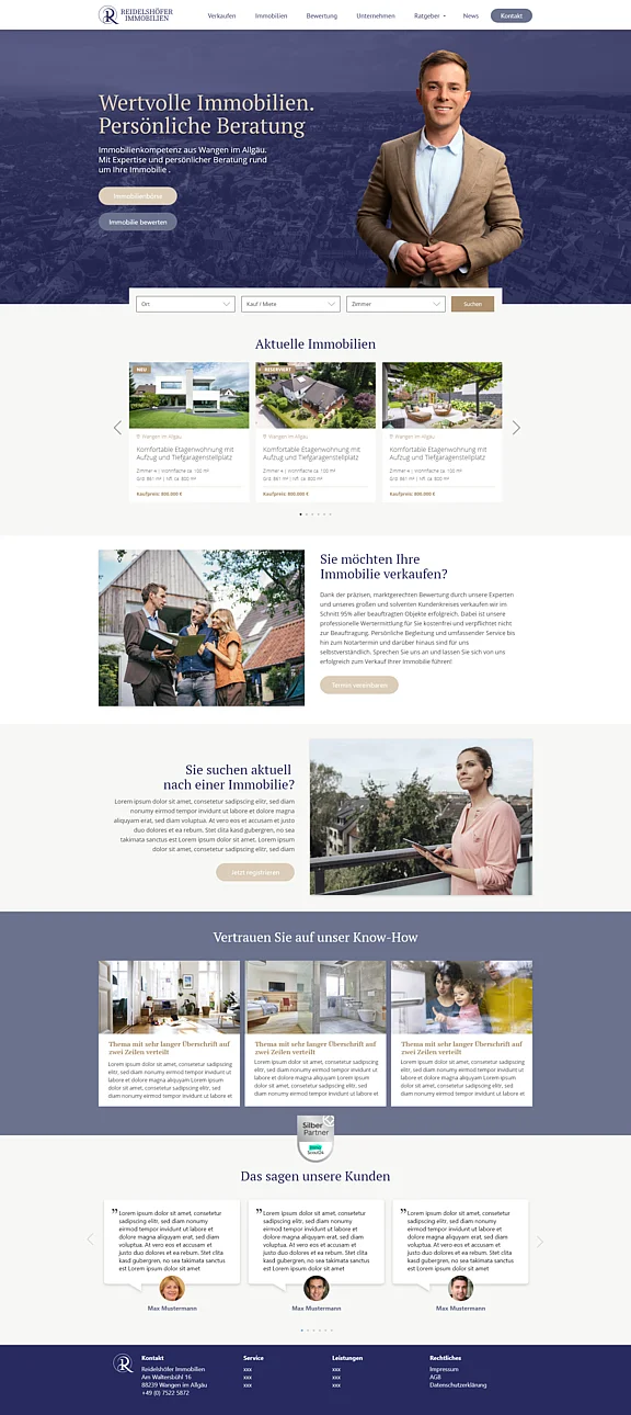 Startseite eines Kundenprojekts, Referenz von edesign