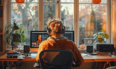 Entwickler mit Kopfhörern am Computer, Symbolbild zu Softwareentwicklung mit KI